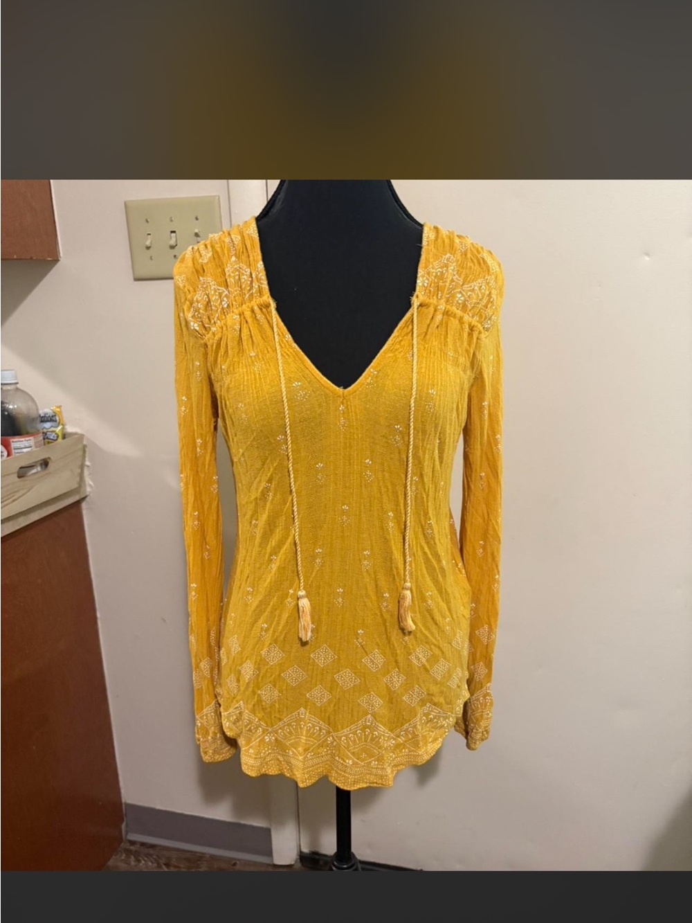 Lucky Brand Mustard Yellow Embroidered V-Neck Tunic